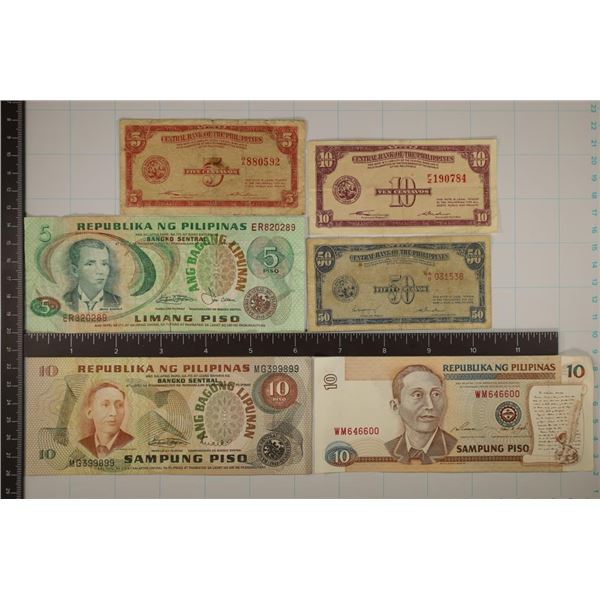 6-PHILIPPINES BANK NOTES 3-1940'S: 5, 10 & 50