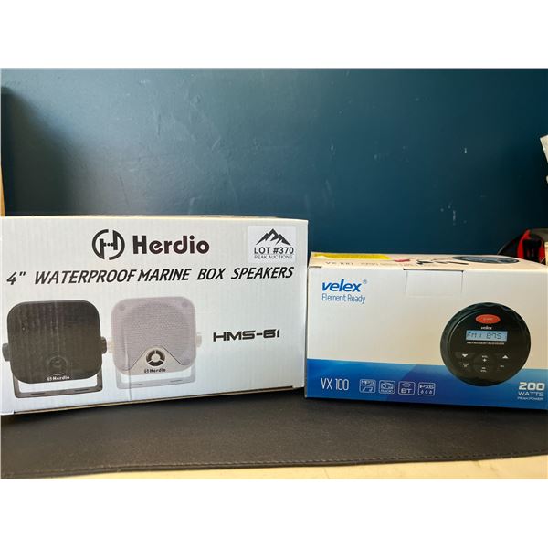 Lot of 4-inch Waterproof Marine Box Speakers & 1 Velex Element Ready VX100 Marine Stereo