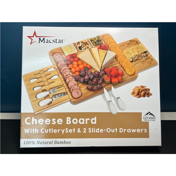 Lot of 1 Bamboo Cheese/Charcuterie Servng Board w/ Cutlery Set & 2 Slide-Out Drawers
