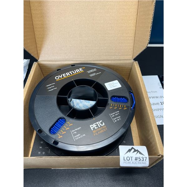 Lot of 1 Roll of Overture PETG 3-D Printing Filament - Blue