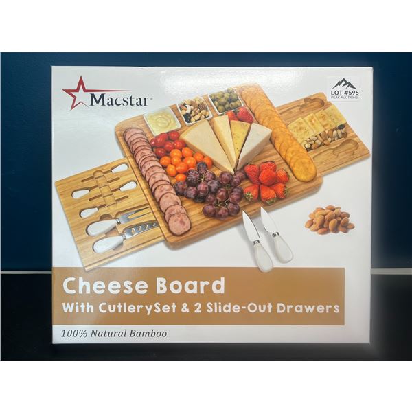 Lot of 1 Bamboo Cheese/Charcuterie Servng Board w/ Cutlery Set & 2 Slide-Out Drawers