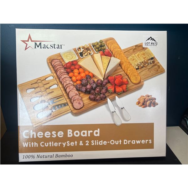 Lot of 1 Bamboo Cheese/Charcuterie Servng Board w/ Cutlery Set & 2 Slide-Out Drawers