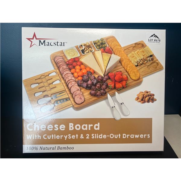 Lot of 1 Bamboo Cheese/Charcuterie Servng Board w/ Cutlery Set & 2 Slide-Out Drawers