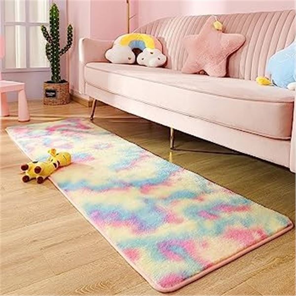 Lot of 2 Fuzzy/Shaggy Long "Runner" Style Rugs - 6FT by 2FT - Rainbow Colour