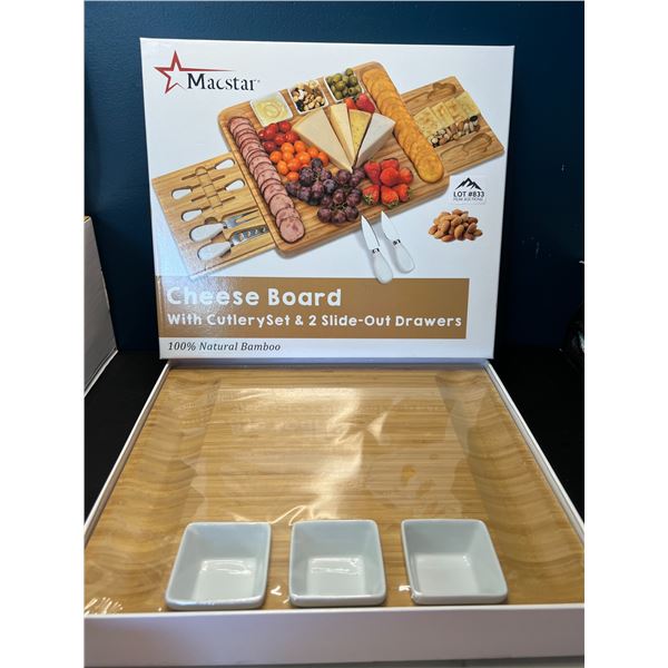 Lot of 1 Bamboo Cheese/Charcuterie Servng Board w/ Cutlery Set & 2 Slide-Out Drawers
