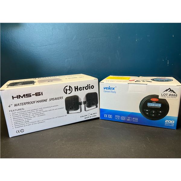 Lot of 4" Waterproof Marine Speakers & Velex Element Ready Marine Stereo