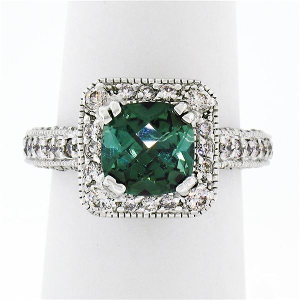 14K White Gold 3.65 ctw Cushion Checkerboard Green Tourmaline & Diamond Halo Rin