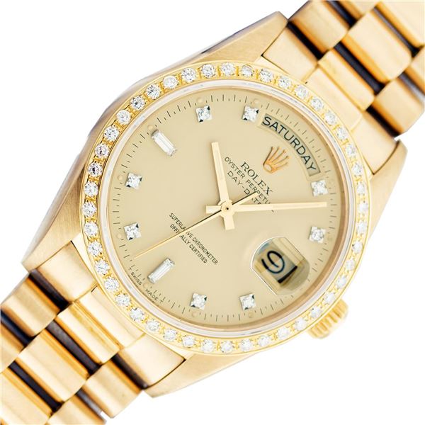 Rolex Mens 18K Yellow Gold Day Date President Champagne Diamond And Bezel Watch