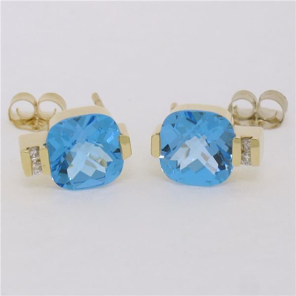 14K Yellow Gold 2.62 ctw Cushion Checkerboard Blue Topaz & Diamond Stud Earrings