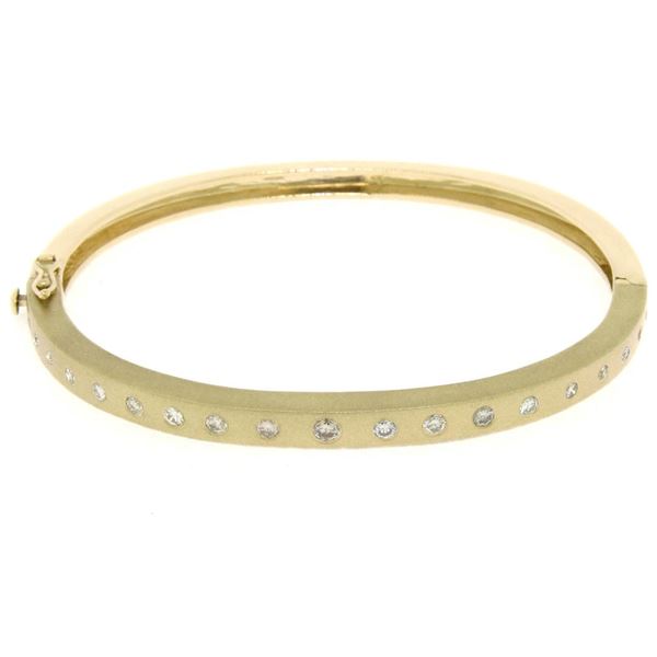 14k Yellow Gold.85 ctw Burnish Diamond 7" Hinged Sandblast Open Bangle Bracelet