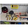 Image 1 : Caulking Gun Cages, Stanley Long Tape, Level, Chalk line, Hammers, Bucket - 