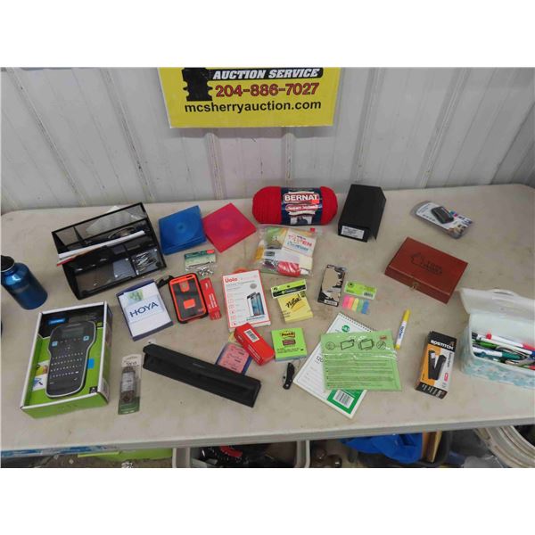 Office Supplies ; Desk Organizer, Staples, Pens, Label Maker, Sticky Notes, CDs, Yarn,
