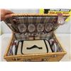 Image 6 : Wicker Picnic Basket with Glass Plates + Glasses & Plastic Utensils - 1 Fork Missing