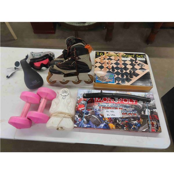 Transformers Monopoly, 16 Game Set, roller Blades, 5lb Dumbells, Goggles,