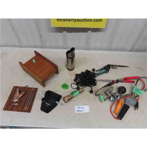 Roll Top Storage Box, Thermometer with Eagle, Flashlight, Snips, BBQ Lighter,