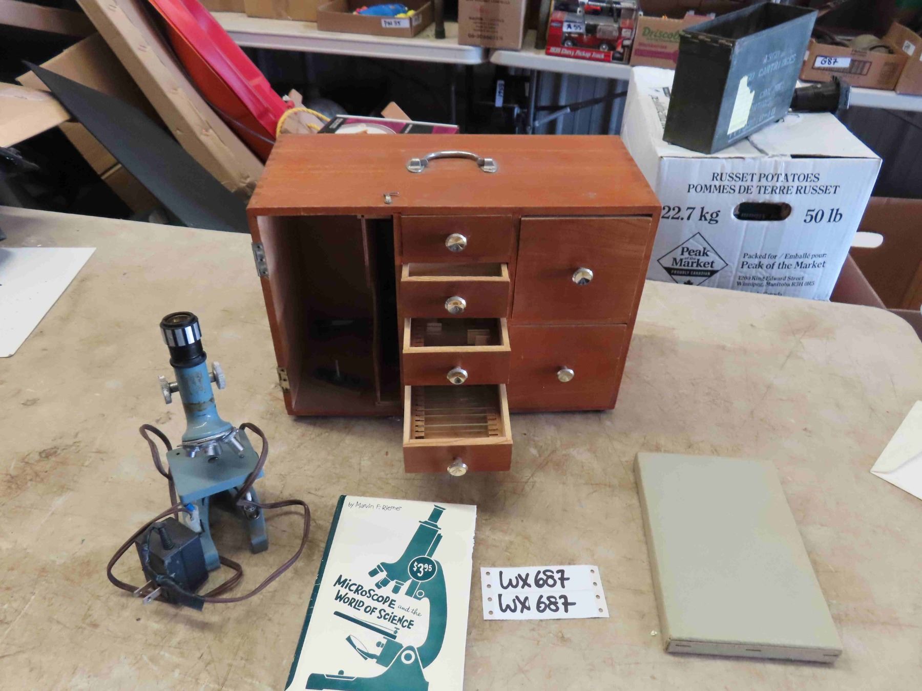 Vintage Microscope Box Wooden Box with Microscope, Slides, Scientific Jars, plus more ...
