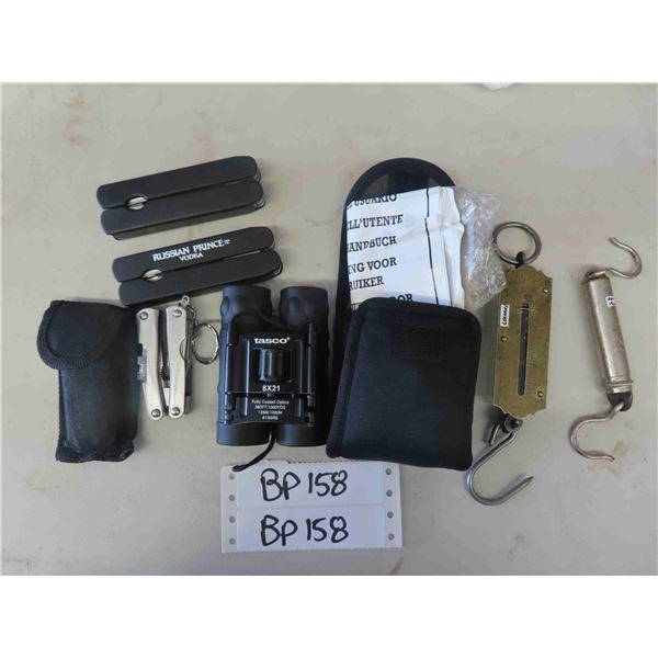 Tasco 8 X 21 Binoculars 2 Hanging Small Scales 3 Utility Pocket Tools tasco-8-x-21-binoculars-2-hanging-small-scales-3-utility-pocket-tools