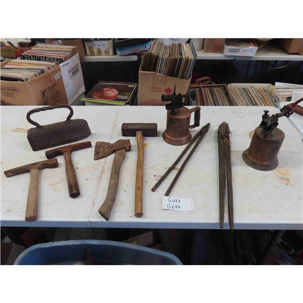 2 Brass Blow Torches, Hatchet, Pick Hammers, Tongs, Heavy Iron, Large Pounder