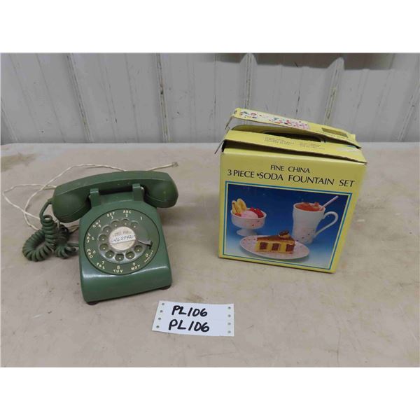 Vintage Green Rotary Dial Table Phone, Fine China 3pc Soda Fountain Set in Box