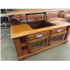 Image 2 : Solid Oak Coffee Table with Leaded Glass Doors + Spring Out Top to Eat At Couch