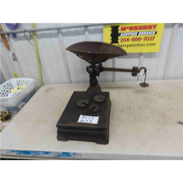 Fairbanks Brass Beam Scale, Scoop, Weights