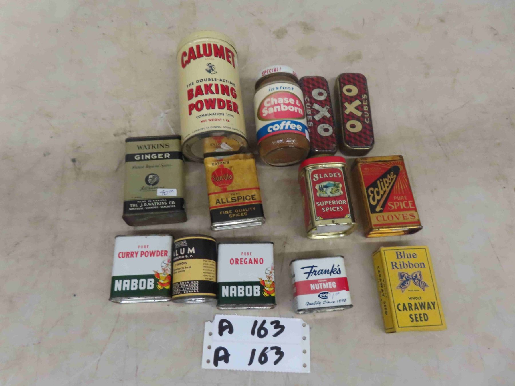 Spice Tins ; Baking Powder, Blue Ribbon, Nabob, Slade's, Calumet ...