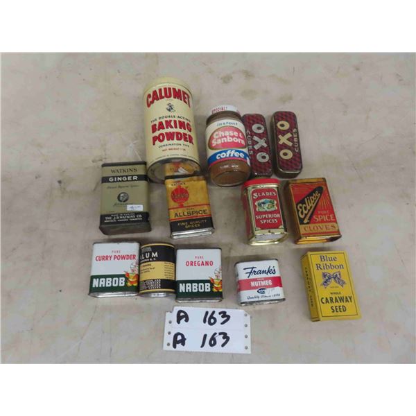 Spice Tins ; Baking Powder, Blue Ribbon, Nabob, Slade's, Calumet, Watkins, plus others