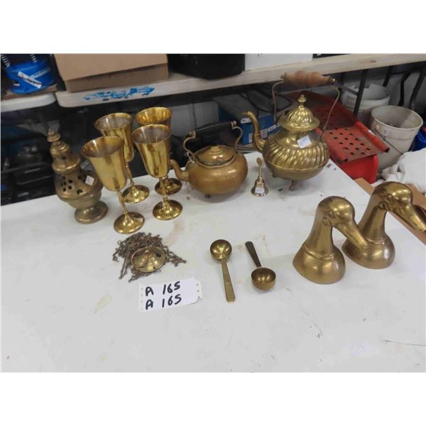 Brass Tea Pot, Goblets, Duck Book Ends, Nabob Spoons