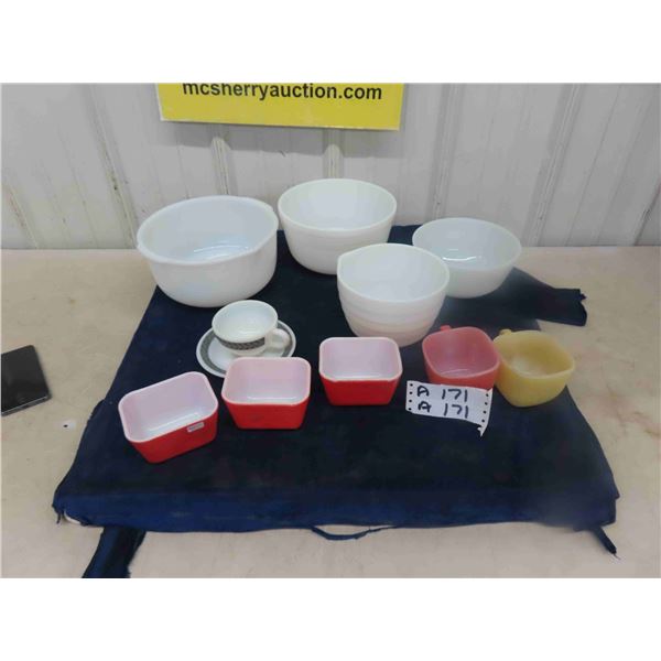 Fire King, Pyrex ; Refrigerator Dish, Cream + Sugar, Mixing Bowls