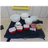 Image 1 : Fire King, Pyrex ; Refrigerator Dish, Cream + Sugar, Mixing Bowls