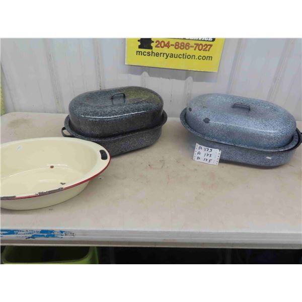 2 Granite Ware Large Roasters + Enamel Basin