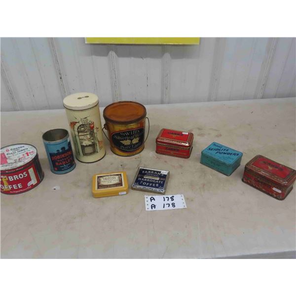 9 Tins ; Swift Lard 3lb, Hills Bros Coffee 1lb, Carrs Biscuits, Rexall, plus others