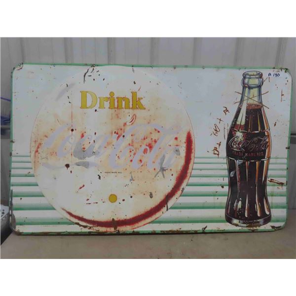 Coke Metal Embossed Sign 35" x 59"  - Faded But Cool Graphics of Bottle - Vintage