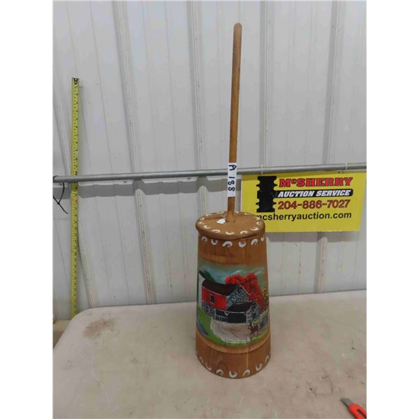 Wooden Butter Churn with Art Painted On 8" X 17" ( not counting plunge handle) 