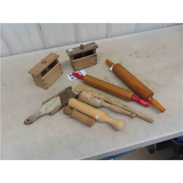 2 Butter Presses, Rolling Pins, Primitive Wood Spoon / Ladle, Wooden Press Plunge