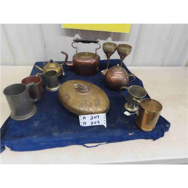 Brass + Copper Bed Pan, Kettle, Wine Goblet, Mugs