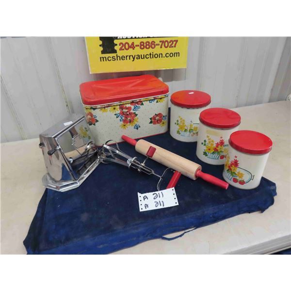 Vintage Metal Canister set, Bread Box, Drop Side Toaster, Rolling Pin + Mixer