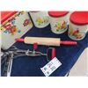 Image 4 : Vintage Metal Canister set, Bread Box, Drop Side Toaster, Rolling Pin + Mixer
