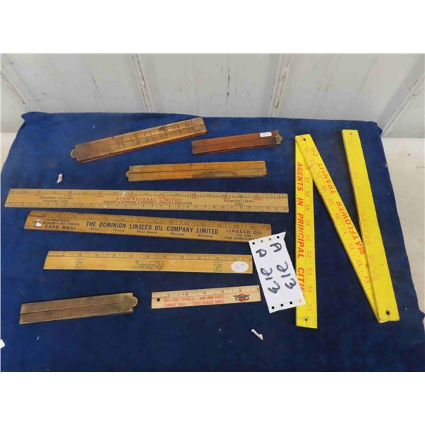 9 Wooden Rulers - Straight + Folding - Many with Advertising ; 7Up, Dominion Oil