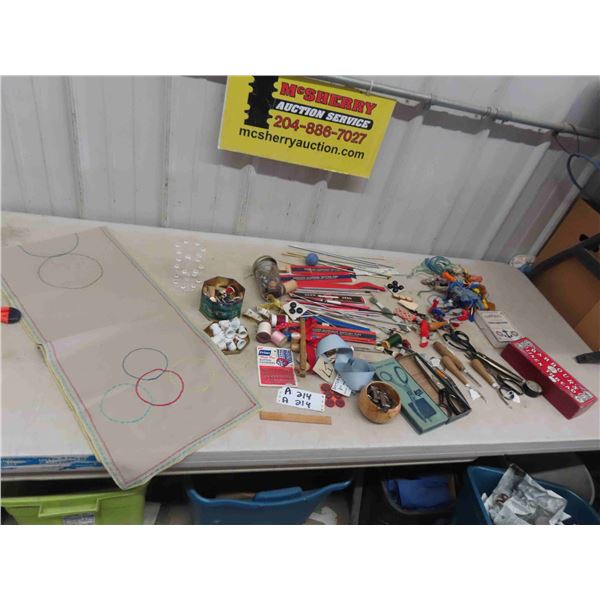 Sewing Notions, Scissors, Knitting Needles, Buttons, Porcelain Thimble, Thread,