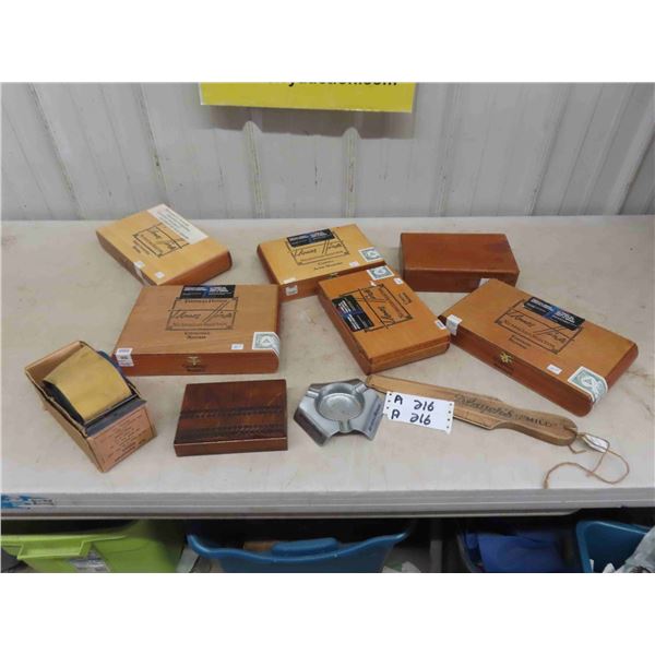 7 Wooden Cigar Boxes ; Schultz Mfg., Cigarette Roller, Player Box Opener