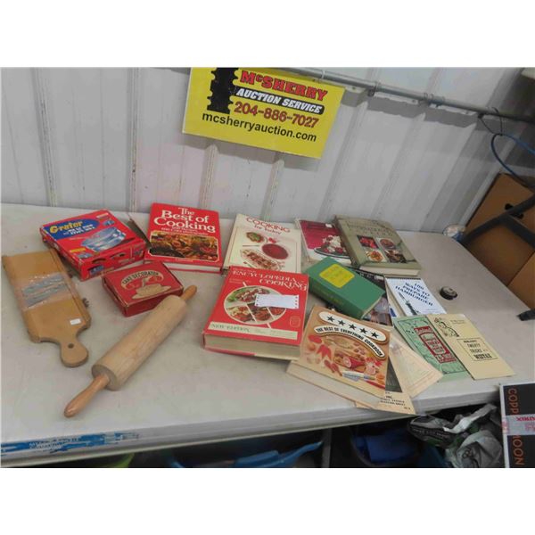 Cooks Books, Rolling Pin, Grader, Cake Decorator with Box, Pan Set with Box