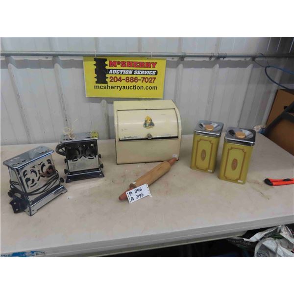 Vintage Metal Bread Box, Canister, 2 Drop Side Toaster, Rolling Pin 