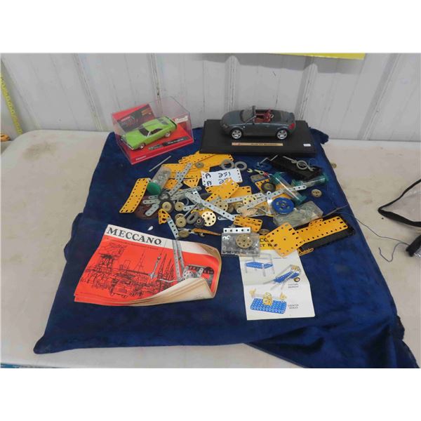 Meccano Pieces and Set of Instructions & 2 Die Cast Cars ; Dodge 500 + Audi Roadster
