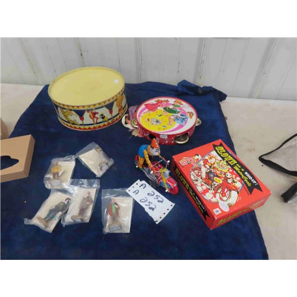 Wind Up Tin Clown on Bicycle with Box - HA HA Toy + Vintage Tin Drum + Tambourine