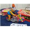 Image 2 : Wind Up Tin Clown on Bicycle with Box - HA HA Toy + Vintage Tin Drum + Tambourine