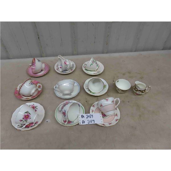 9 China Tea Cups + Saucer Pairs + Cream & Sugar ; Royal Vale, Rosylyn, Royal Albert, 
