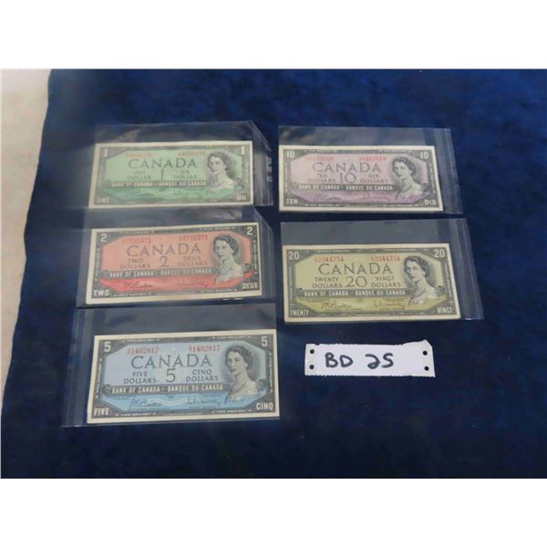 1954 Canadian Dollars Lot ; $1, $2, $5, $10, $20