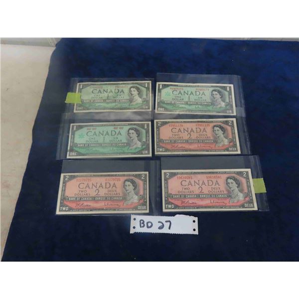 1954 + 1967 Canadian Dollars Lot ; 3 Different $1 Bills + (3) $2 Bills