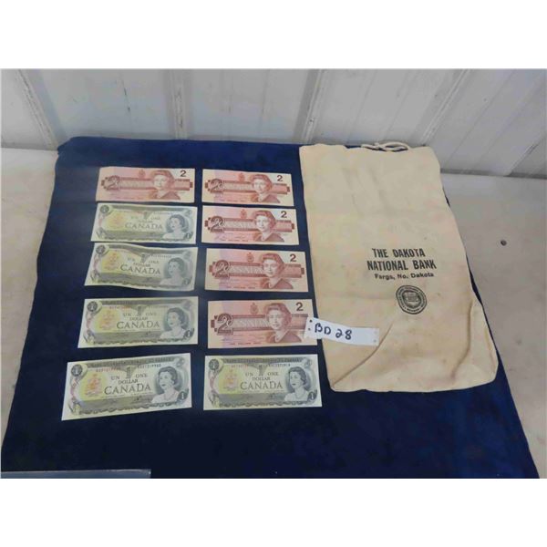 1973 + 1986 Canadian Dollar Bills Lot ; (5) $1 + (5) $2 & Dakota National Ban